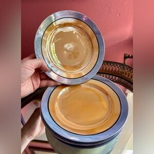 1930's Japanese Lusterware Set of 5 Persimmon and Cornflower 7.5" Plates